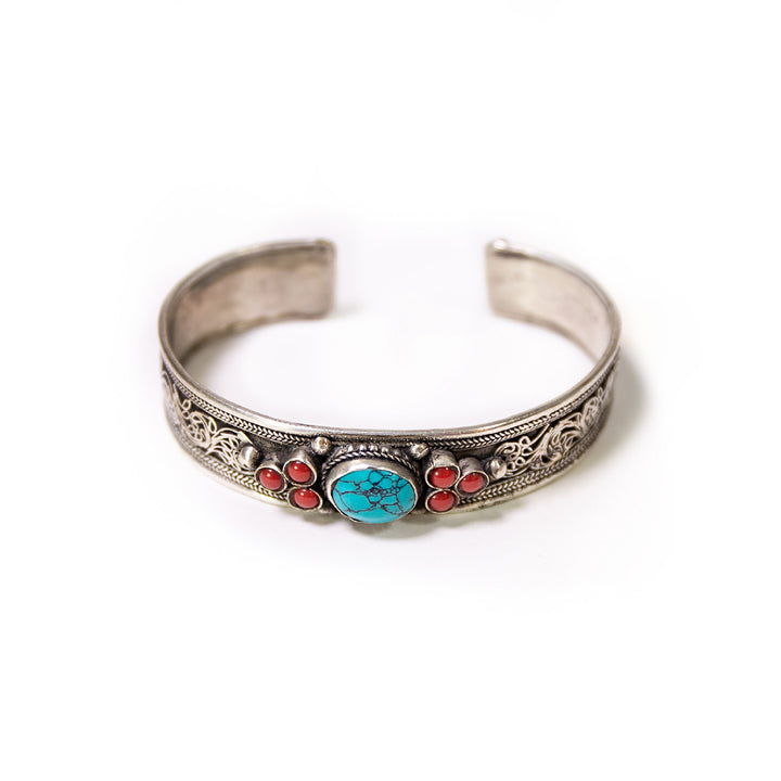 Turquoise and Carnelian Silver Cuff Bracelet