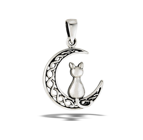 Sterling Silver Cat Crescent Moon Necklace