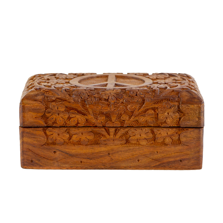 Peace Sign and Flowers Carved Wooden Box