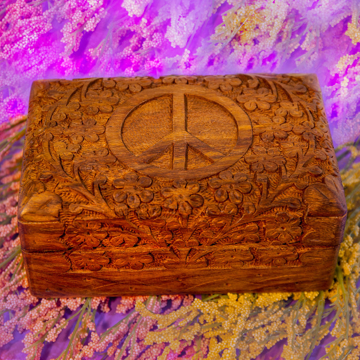 Peace Sign and Flowers Carved Wooden Box