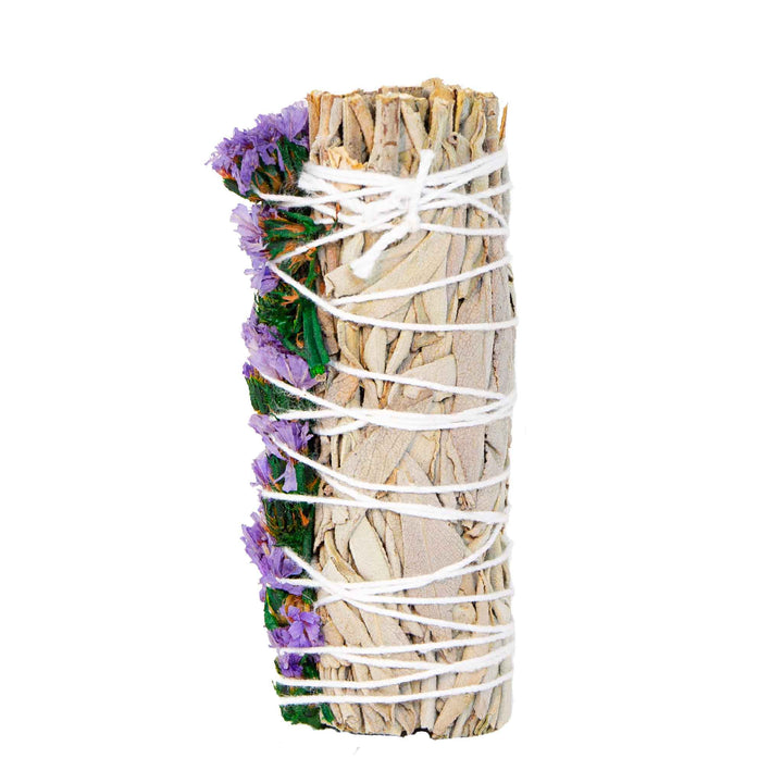White Sage Smudge Stick with Purple Sinuata Flowers