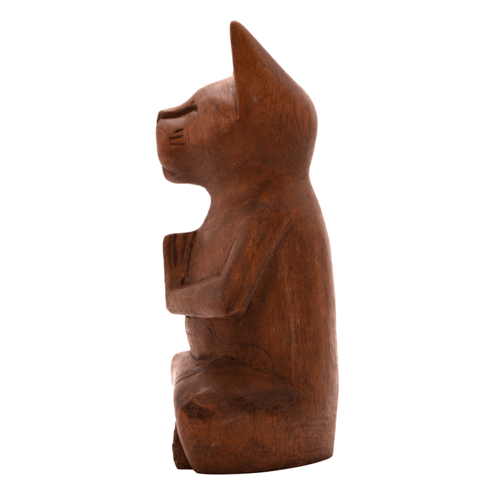 Meditating Cat Wooden Statue side