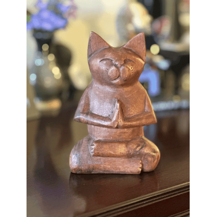 Meditating Cat Wooden Statue desk
