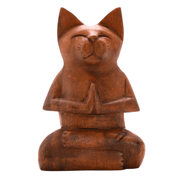Meditating Cat Wooden Statue