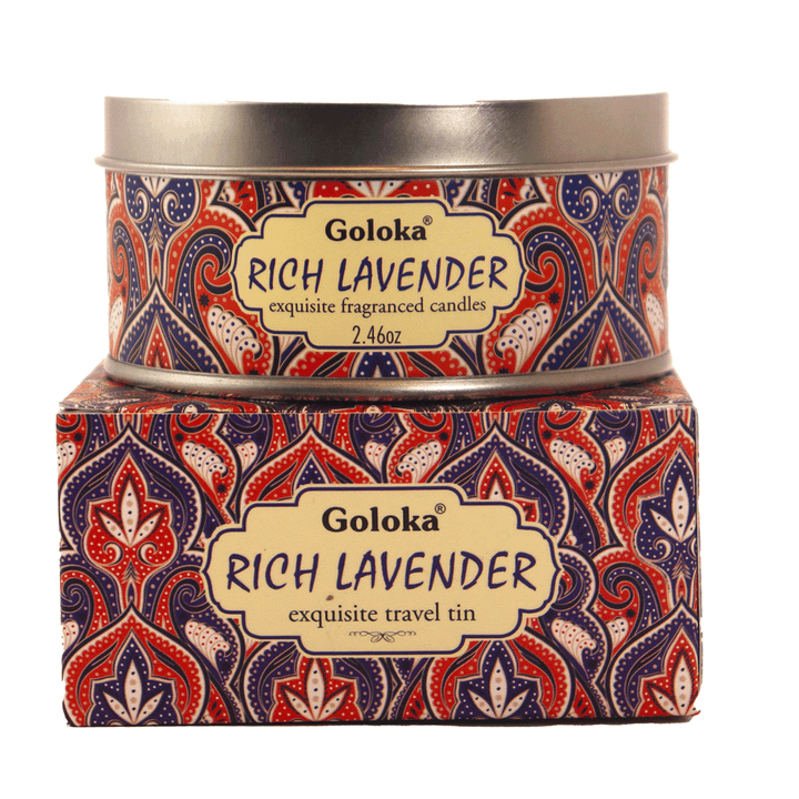 Goloka Lavender Travel Tin Candle on box