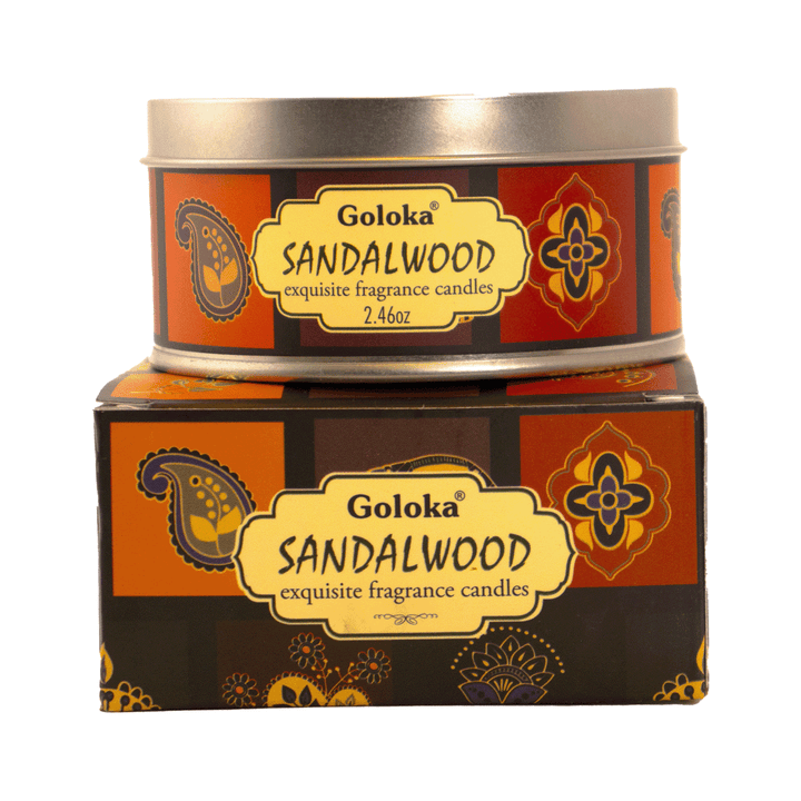 Goloka Sandalwood Travel Tin Candle on box