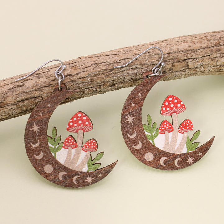 Wooden Mystic Moon Mushroom Earrings