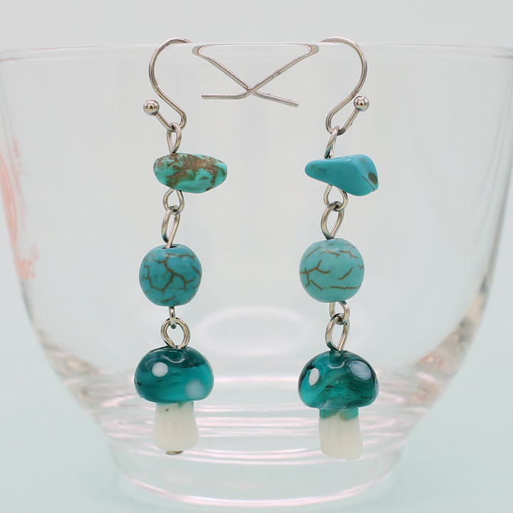 Turquoise Glass Mushroom Bead Earrings