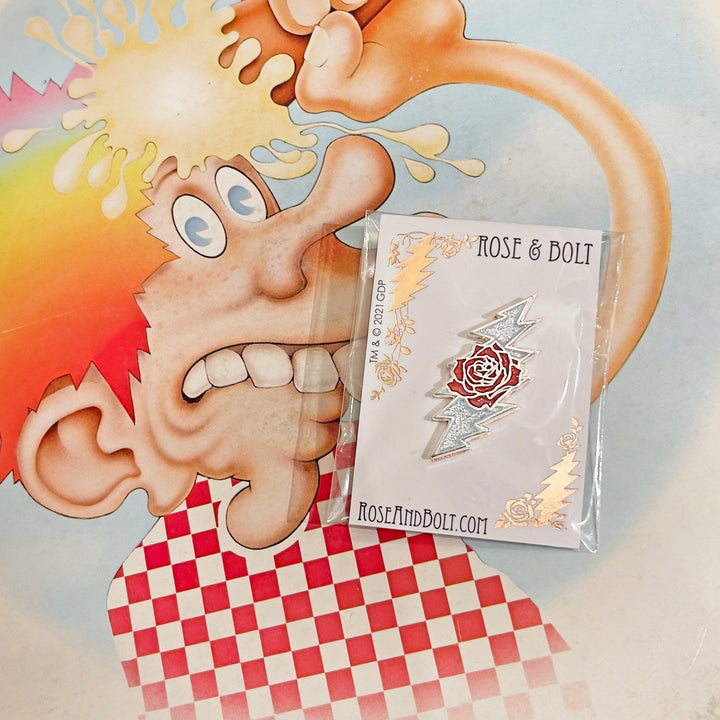Grateful Dead Rose & Bolt Logo Pin | Silver / Sparkle - Hippie Shop