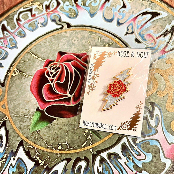 Grateful Dead Rose & Bolt Logo Pin | Gold / Sparkle - Hippie Shop