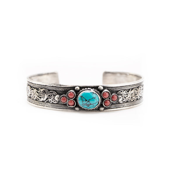 Turquoise and Carnelian Silver Cuff Bracelet