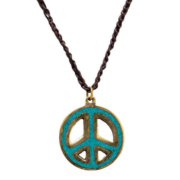 Peace Sign Stone Inlay Pendant on Leather Cord